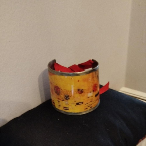 Bracelet cuff used "The Kiss" handmade with red ribbon
