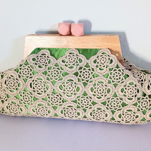Handmade crochet bag nude and green satin with minky lining