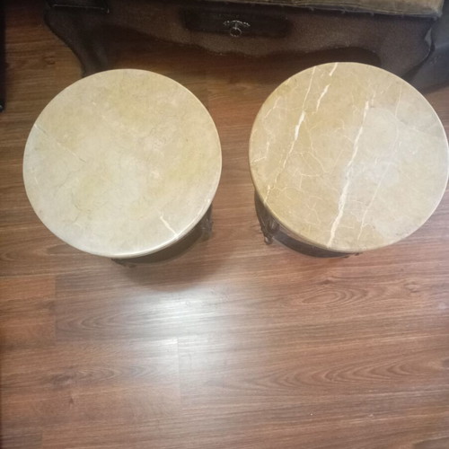 Set of two classic round side tables with marble tops