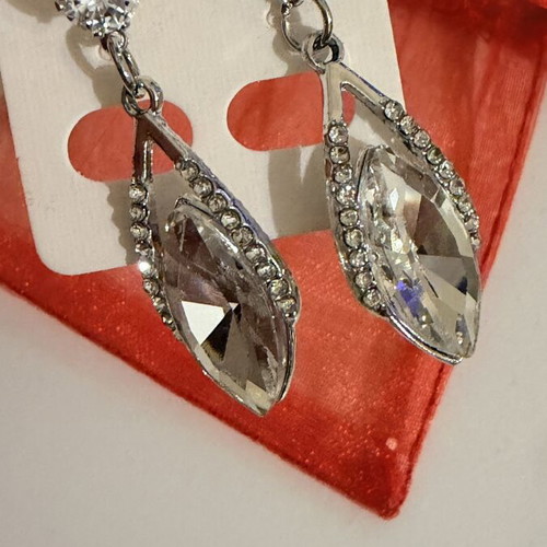 Stainless Steel drop earrings with crystals, silver
