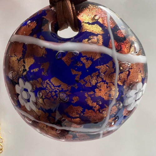 Murano pendant used blue with gold and amber leaf