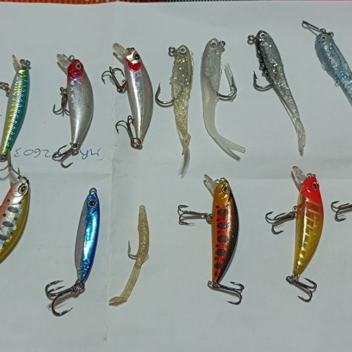Set of 13 artificial fishing lures, various colors