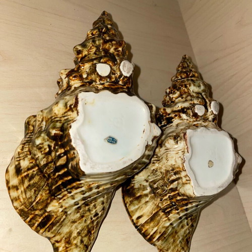 Japanese Ceramic Shells vintage pair with iridescent glaze