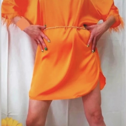 Orange satin short dress new with feathers and chain belt