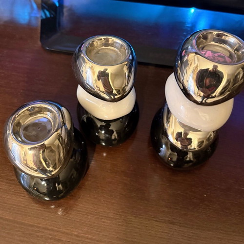 Set of 3 Modern Stone Stack Candlesticks like new, Chrome & Ceramic Design