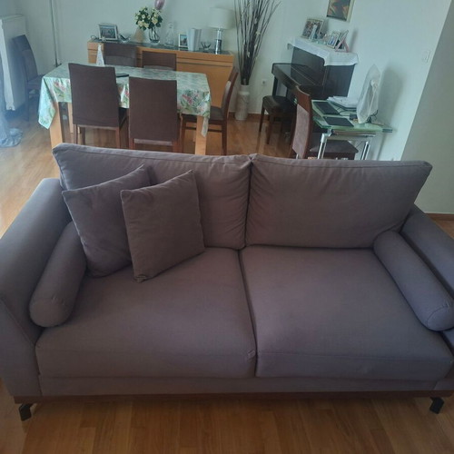 Factory Sofa 3-seater sofa, dark beige fabric, walnut wood finish