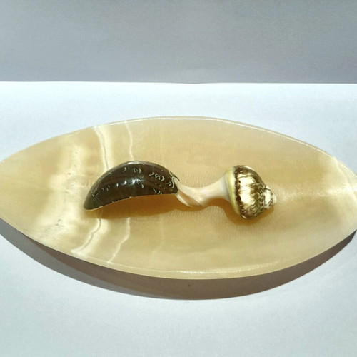 Onyx Bowl and Natural Shell Caviar Spoon Set new, vintage handmade