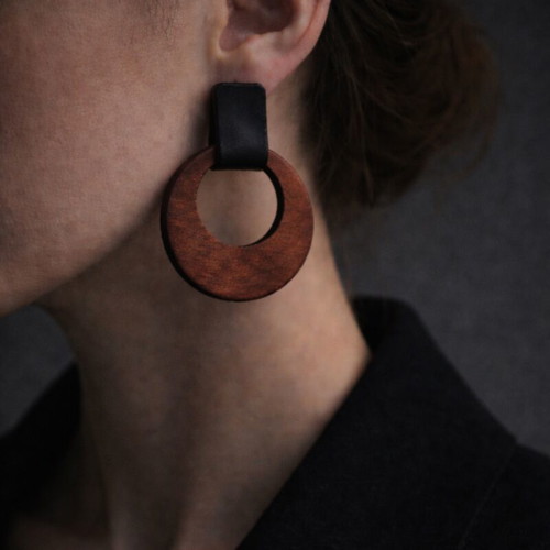 Handmade wood and leather statement mono-earring like new