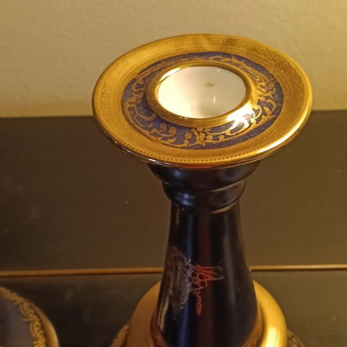 Limoges candle holders used, cobalt blue porcelain with gold details