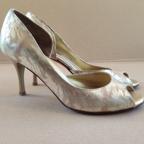 Peep-toe heels used, gold leather size 37