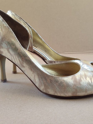 Peep-toe heels used, gold leather size 37