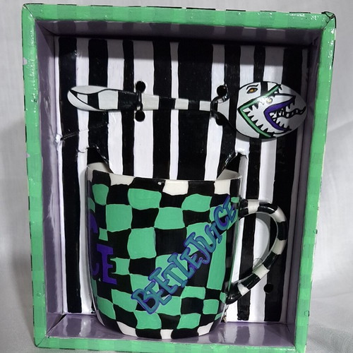 Hand-painted BeetleJuice cup with spoon custom made