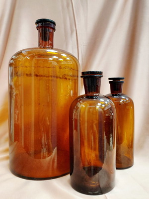 Pharmacy bottles used, set of three amber 1960s
