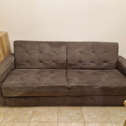 Sofa bed with pouf used, storage space