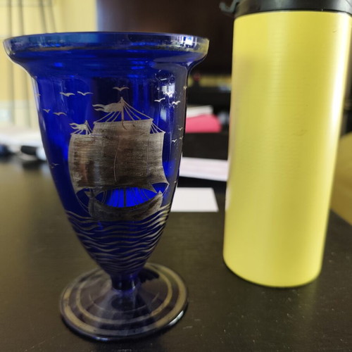 Vintage cobalt blue vase with silver ship used, 15cm