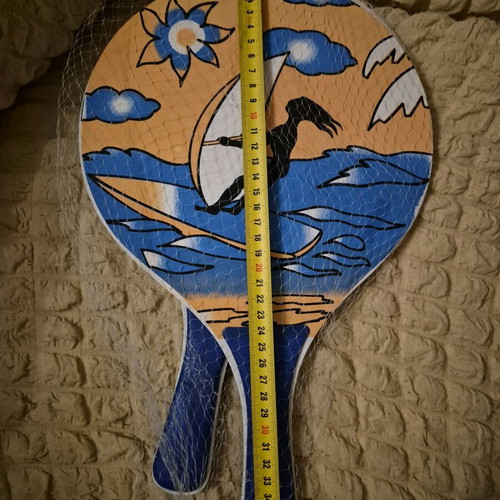 Tsagkogeorgas wooden beach rackets set new with windsurfer design