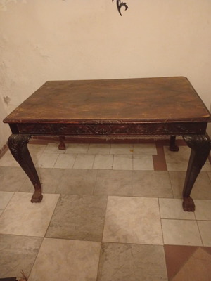 Vintage solid wood dining table used, side-opening with extension leaf