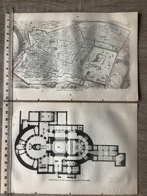 Ξυλογραφίες Ιερουσαλήμ 1860 μεταχειρισμένες, Πανάγος Τάφος, τοπογραφικό σετ δύο τεμαχίων 18x12,5 cm