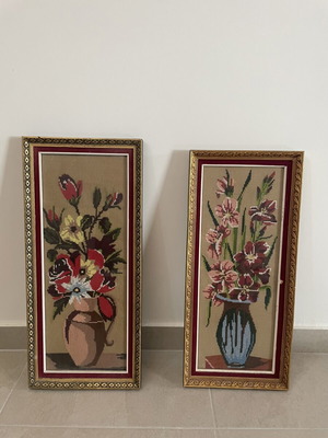 Vintage embroidery wall art set of 2 with floral vases, used