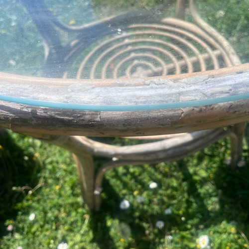 Bamboo table with glass and used armchair set
