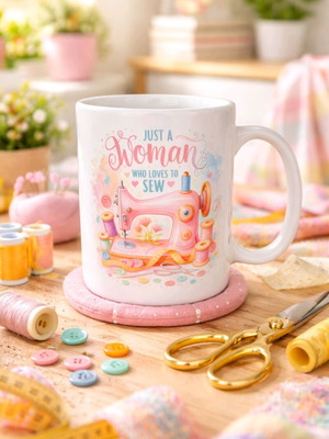 White ceramic mug with sewing machine print, new 325ml