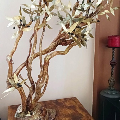 Decorative olive tree handmade from driftwood and metal