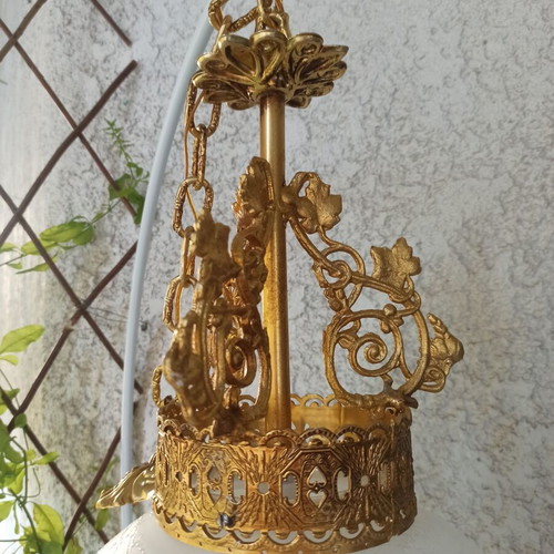 Vintage brass ceiling light with crackle glass globe