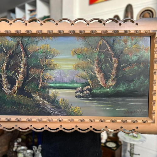Large painting with ornate wooden frame used, signed