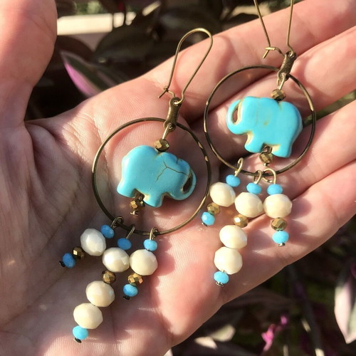Long bronze hoop earrings with blue elephant chalcedony