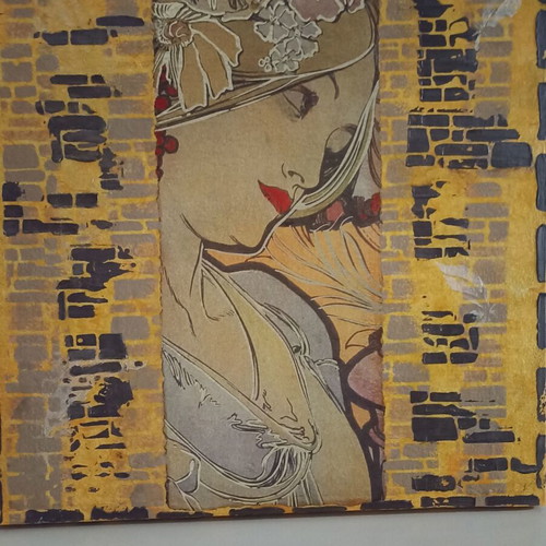 Decoupage frame female figure new, wooden stretcher with canvas