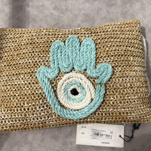 Verde straw toiletry bag beige with turquoise embroidery new