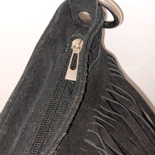 Genuine Leather crossbody bag used with fringes, black suede