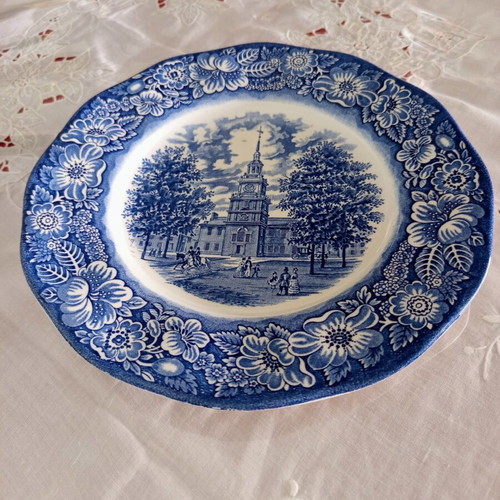 Staffordshire Ironstone plate used, cobalt blue, made in England