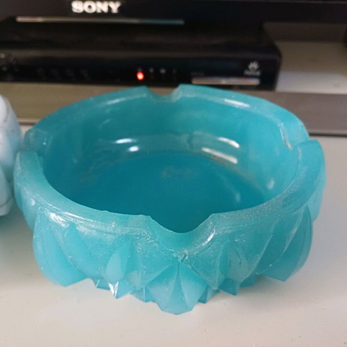 Opaline ashtrays used, pair white and blue