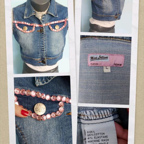 Miss Latina denim vest with pink stones like new, sizes L to XXL