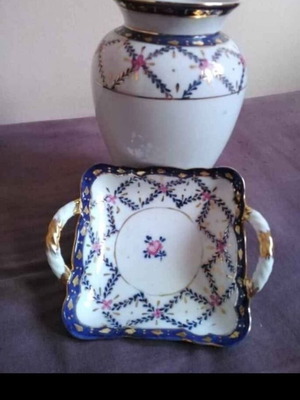Limoges porcelain vase and square handpainted orneviere set like new