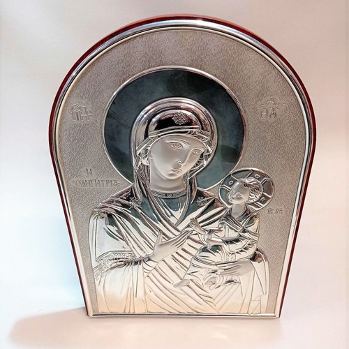 Silver icon of Panagia Odigitria in wooden frame