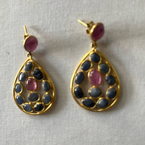 925 Silver Gold-Plated Earrings with Labradorite and Tourmaline New