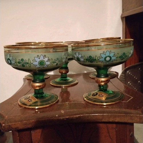 Vintage glasses used, pack of 5 with painted flowers and gold details