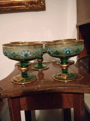 Vintage glasses used, pack of 5 with painted flowers and gold details