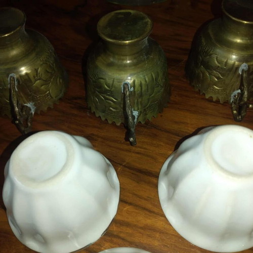 Vintage brass cups with porcelain used, set of 6 pieces