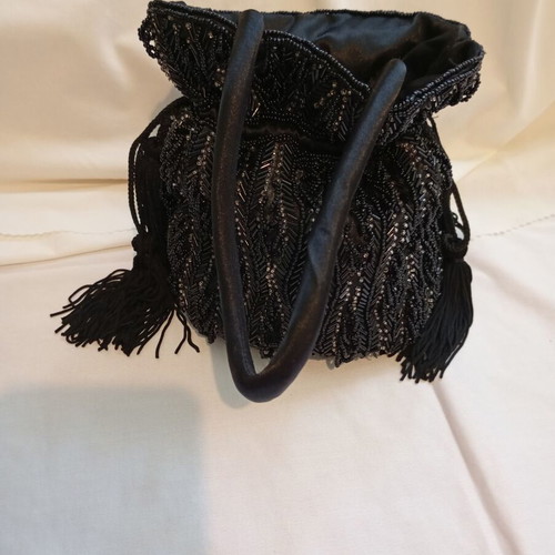 Vintage black evening bucket bag with beads and tassels