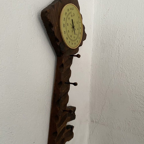 Vintage wooden key holder with analog thermometer used