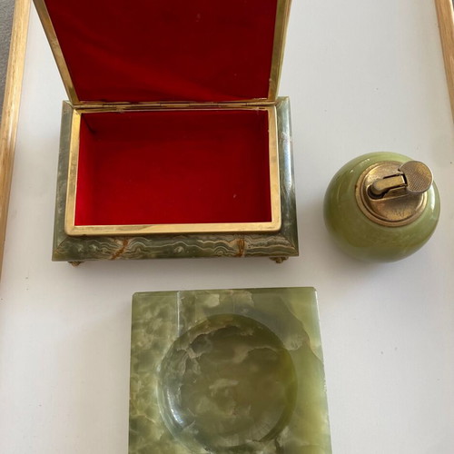 Vintage GSE Ottone Garantito smoker set used, onyx cigarette case ashtray lighter