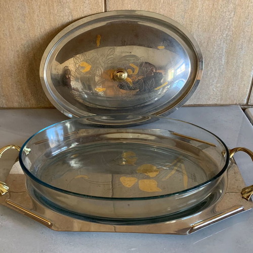 Serving Platter with 24K Gold Used, Stainless Steel and Glass
