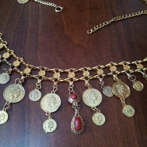 Bronze long multipurpose belt necklace with jasper and Elizabeth profile coins used, repaired
