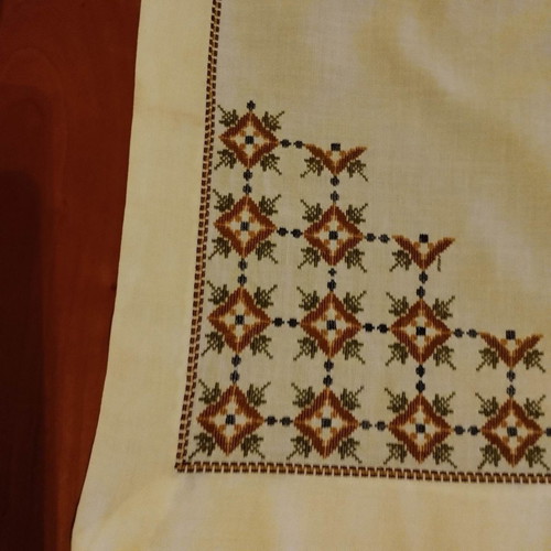 Vintage set of 3 table linens with handmade cross-stitch embroidery used