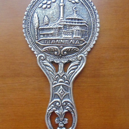 Vintage carved hand mirror used with embossed Ioannina motif