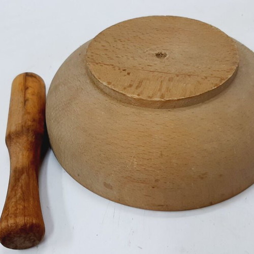 Vintage wooden mortar and pestle, handmade, used
