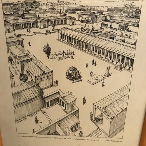 Vintage framed prints of ancient Piraeus by M. Skouloudis, like new, set of 2